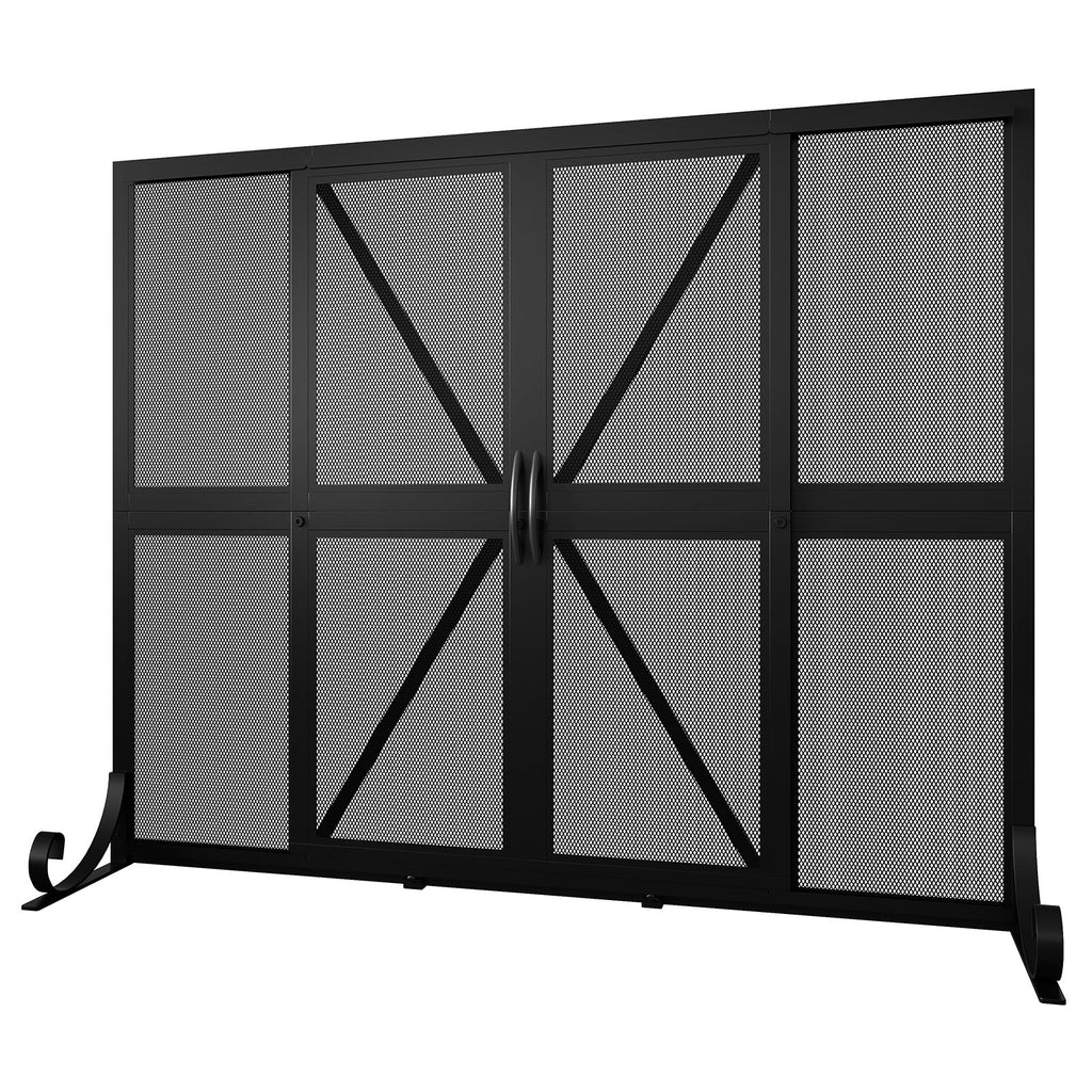 Black Wrought Iron Mesh Fireplace Screen with Sliding Doors N2226