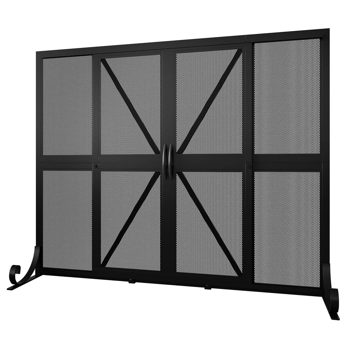 Black Wrought Iron Mesh Fireplace Screen with Sliding Doors N2226