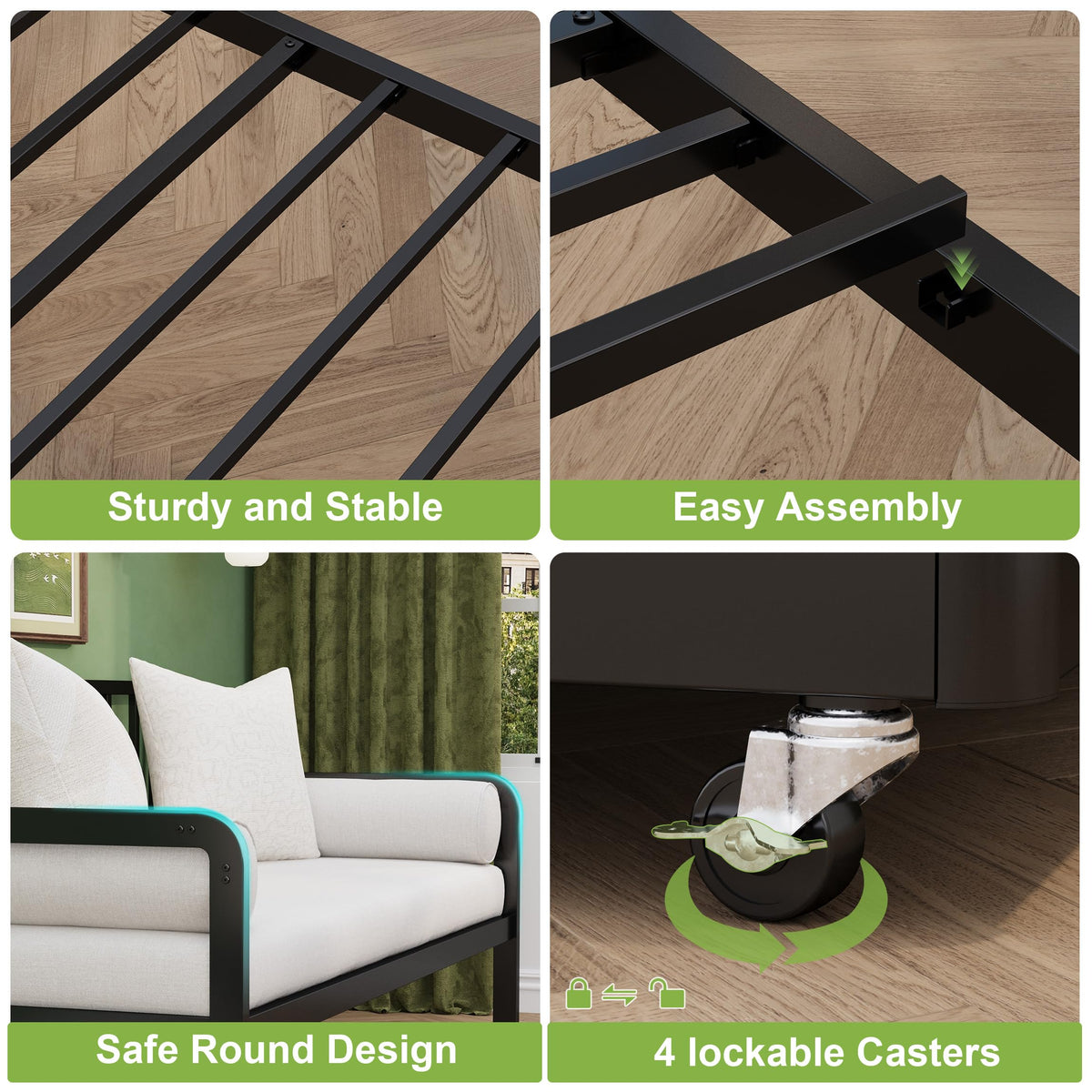 Twin Daybed with Pop Up Trundle, Metal Steel Slats, Black F31587