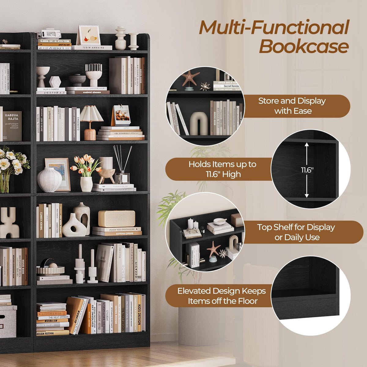 Black 7-Tier Adjustable Shelves Bookcase P205441